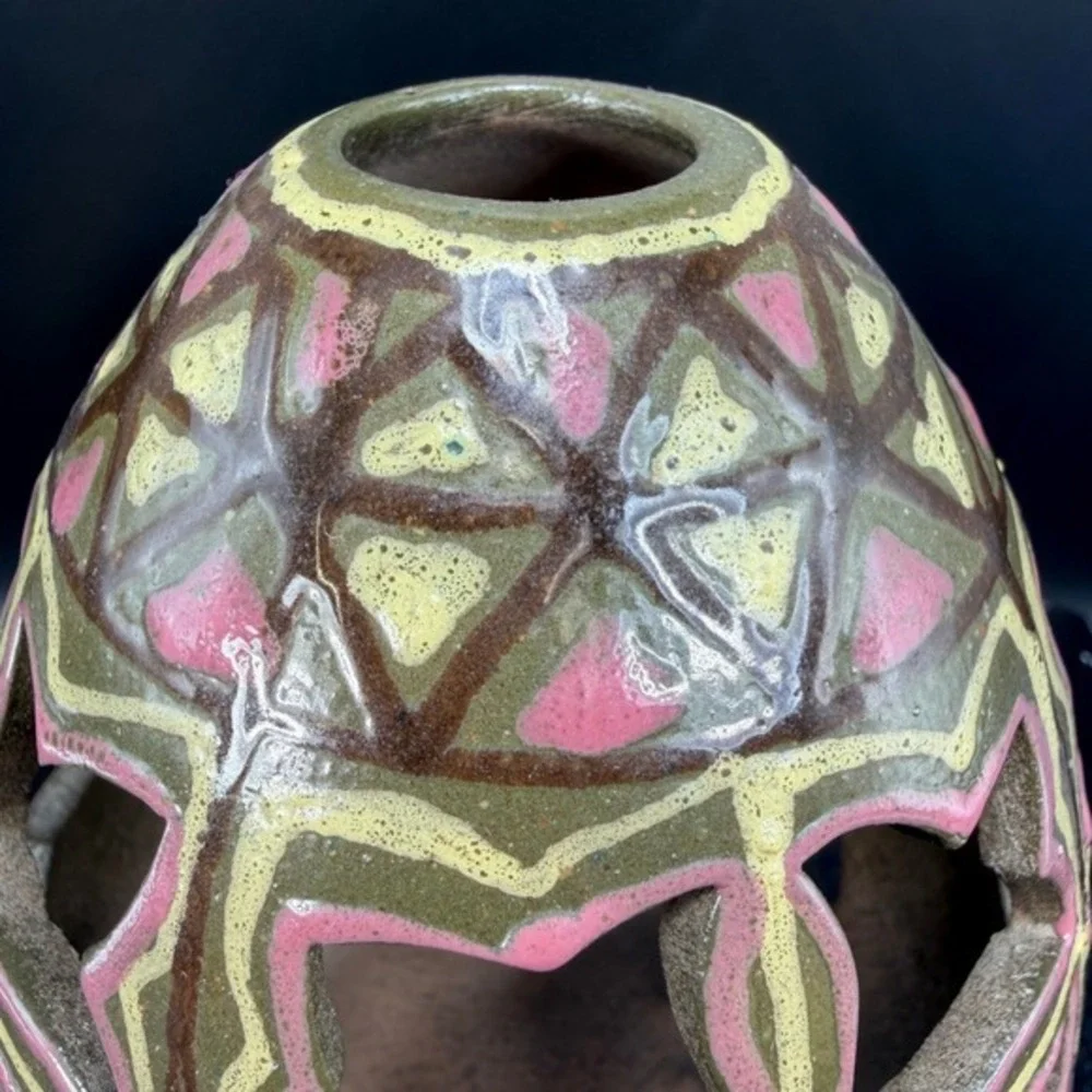 Handmade Ceramic Egg Lantern Tea‎ Light Holder Geometric Cutout Pink Green 6